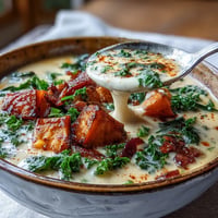 Creamy Smoky Sweet Potato Chowder topped with crispy pancetta garnishes.